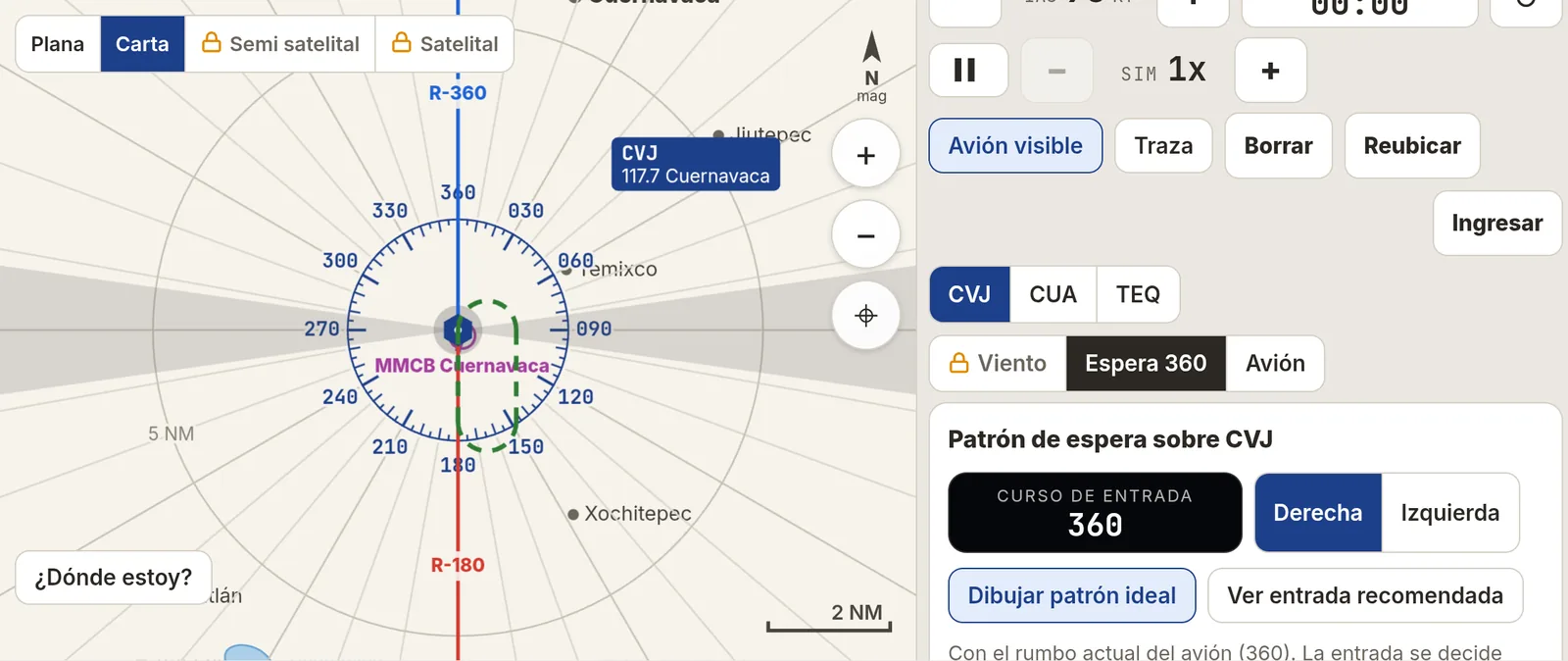 Entrenador de patrones de espera sobre CVJ con el patrón ideal dibujado en la carta, curso de entrada y giro a la derecha