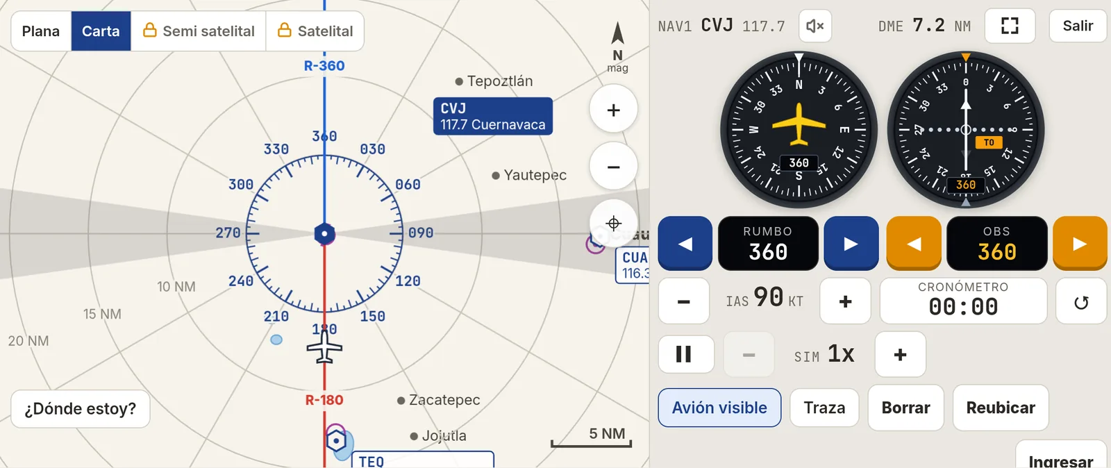 Simulador VOR en horizontal: carta con el radial 180 de Cuernavaca, indicador de rumbo y aguja de desviación, OBS, DME y controles de velocidad